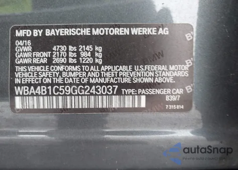 2016 BMW 435I Gran Coupe z USA, uszkodzony, nr VIN WBA4B1C59GG243037